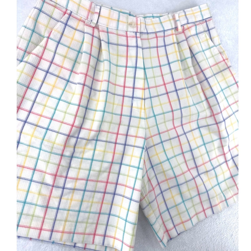Jantzen Vintage Bermuda Shorts‎ 16 White Rainbow Plaid Pleated High Waist Cotton